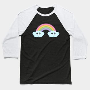 Kawaii Cute Happy Rainbow and Clouds in Black Baseball T-Shirt